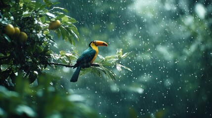 Obraz premium Toucan in rainforest during rain shower, potential use for nature, wildlife, travel, or tourism