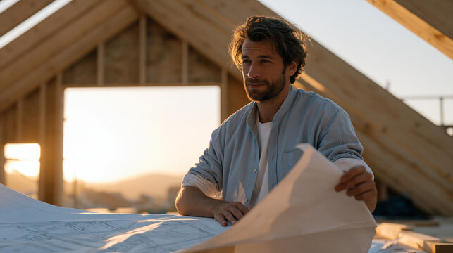 architect unrolling a structural drawing across a timber roof truss at height, site visit mid-build, golden hour shining through open gable end, residential construction documentation review, engine