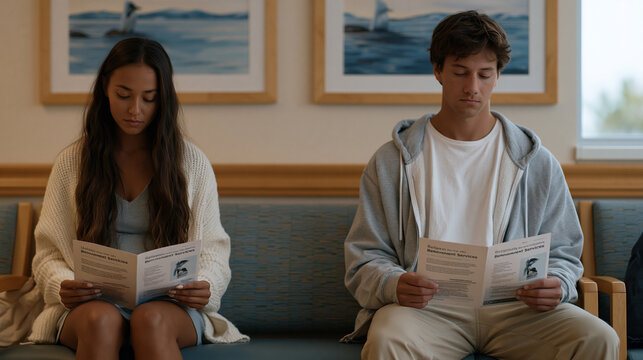 Young couple sits on opposite ends of a hospital waiting room bench, not touching, each reading separate pamphlets about bereavement services, the aftermath moment of losing a pregnancy made visible