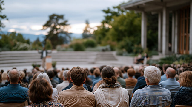 Wide establishing view of an outdoor summer amphitheater half-filled with adults attending a free community lecture on grief, overcast sky pressing low over the audience, a speaker at the podium ges