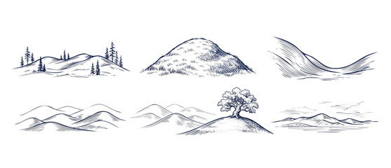 Fototapeta premium Mountain landscape sketch element set featuring hand drawn vintage hills, trees, and minimal outdoor nature line art illustrations for rustic retro design branding and scenic horizon clipart artworks.