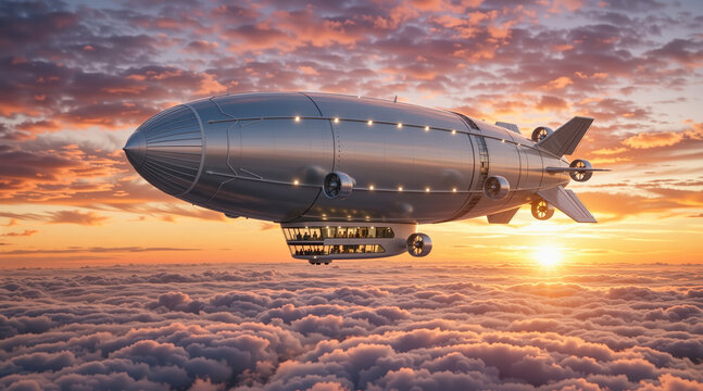 Futuristic airship flying above clouds at sunset. Modern passenger zeppelin with illuminated cabin in the evening sky. Aerial view of luxury aviation transport