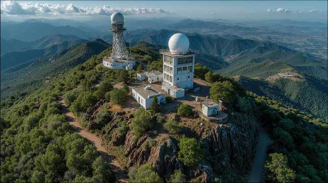 Aerial view of a mountaintop radar station with white radome domes. Meteorological observatory facility on a rocky mountain peak. Telecommunications and surveillance technology concept