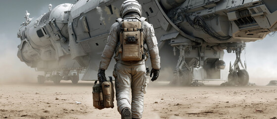 Obraz premium Panoramic scene with astronaut walking on alien planet near spaceship, space exploration adventure