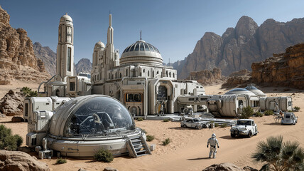 Obraz premium Futuristic mars colony in desert landscape with advanced research facilities and vehicles