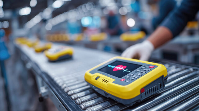 Automated defibrillator on conveyor in medical equipment production facility