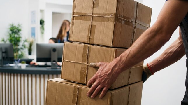 Delivery worker carrying a heavy stack of brown cardboard boxes tied with string in an office