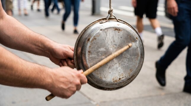 Street musician hands using a wooden stick to drum on a battered metal pot hanging from string