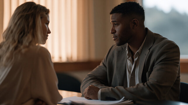 Female probation officer and her male client sit across from each other at a metal table in a county resource office, papers spread between them, the second chance life moment made institutional and