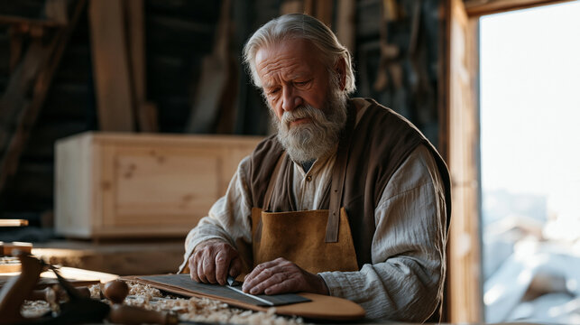 Elderly male artisan sharpens hand tools on a leather strop inside a traditional woodworking shop, morning mist visible through the open doorway, sawdust on the floor, a half-finished cabinet restin