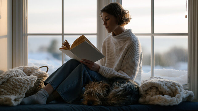 Dog curled on the feet of a woman reading in a window bay in February, snow on the exterior sill, a half-finished wool blanket in a basket beside her, the archetypal February coziness scene given we