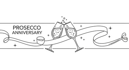 Line art illustration of two clinking champagne glasses with a decorative ribbon and anniversary text. © bi
