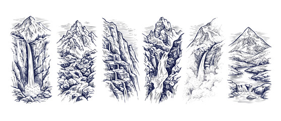 Obraz premium Mountain waterfall sketch vector illustration hand drawn engraving style featuring scenic rivers, wild canyons, and rocky cliffs set in vertical panels evoking rustic, vintage wild outdoor landscapes.