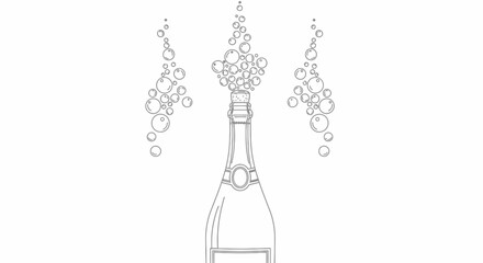 Line art illustration of a champagne bottle popping with bubbles. © bi
