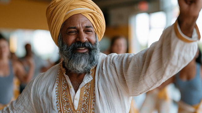 Bhangra dance instructor teaching choreography inside mainstream fitness studio surrounded by suburban adults in workout attire, traditional dhol drum rhythm guiding movement, cultural pride visible