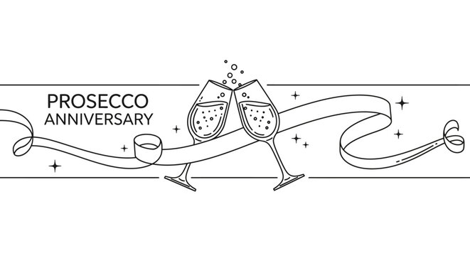 Line art illustration of two clinking champagne glasses with a decorative ribbon and anniversary text.