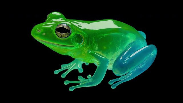 Surreal abstract frog formed by glowing viscous chartreuse and cyan bioluminescent liquid