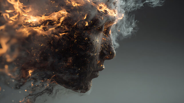 Surreal human face dissolving into fire and smoke, symbolizing mental health struggles, emotional stress, burnout, anxiety, inner conflict, and psychological resilience