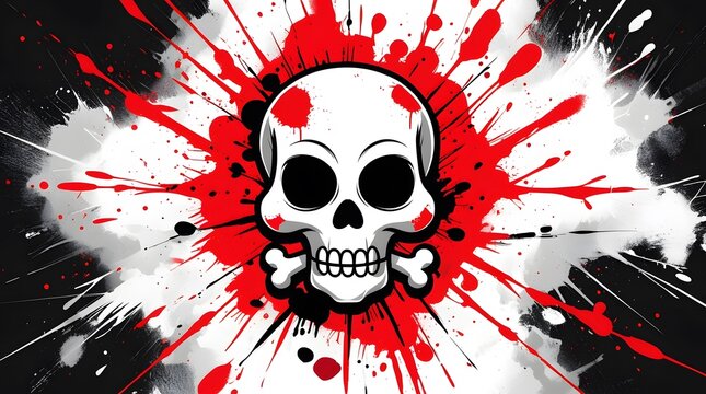 Stylized Jawless Skull Digital Painting with Red Paint Explosion and Street Art Typography