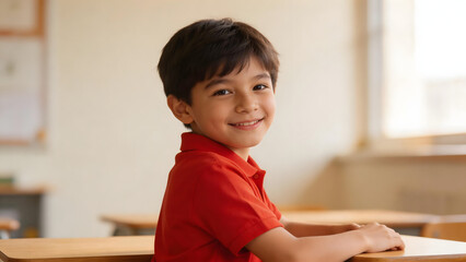 Fototapeta premium Young boy in red shirt smiling at desk