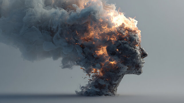 Abstract human face dissolving into smoke and fire symbolizing mental health crisis, anxiety, emotional pain, burnout, stress and psychological trauma concept