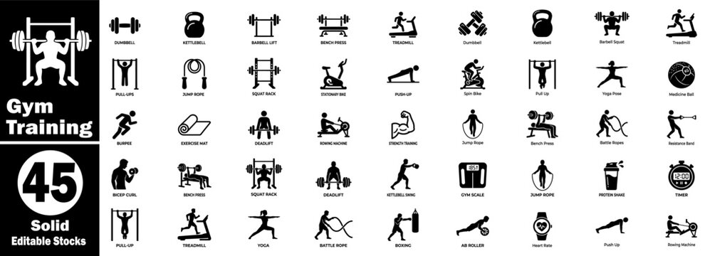 Gym training icons set. Containing solid pictograms for bodybuilding exercise equipment, workout routines, and fitness gear.