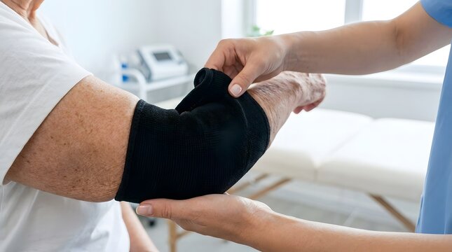 Side perspective view of a physiotherapist hands adjusting a black orthopedic sleeve on senior patient elbow.