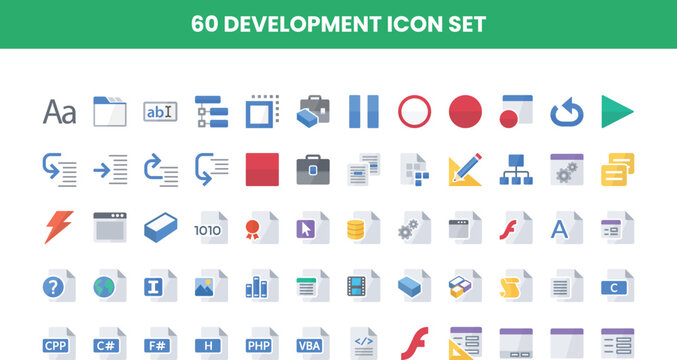 Development icon set vector collection for various coding and programming tasks