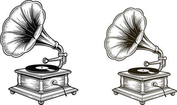 Vintage Gramophone, Antique Phonograph, Retro Music Player, Old Radio Illustration