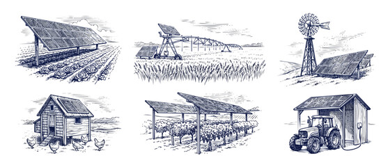 Agrivoltaics Solar Farm Sketch Set showcasing eco friendly agriculture, smart farming tech, solar energy integration on chicken coops, electric tractor charging, vineyard, and crop irrigating layouts. © Dinali