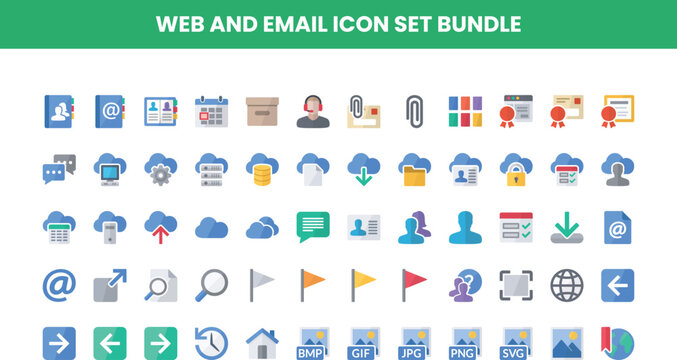 Web and email icon set bundle for cloud storage and communication flat design