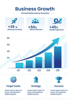 Business Growth Infographic Dashboard with Financial Success Charts, Performance Statistics and Corporate Progress Icons