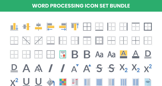 Word processing icon set bundle with text formatting and page layout symbols row