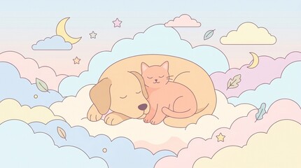 Fototapeta premium Puppy and Kitten Cuddle in Soft Cloudscape, Whimsical Illustration, Serene Environment, Adorable Perspective