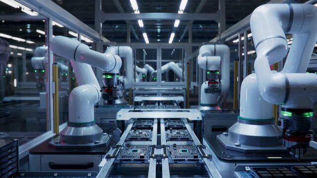 Automated Robotic Arms Assembling Circuit Boards on Factory Conveyor Belt