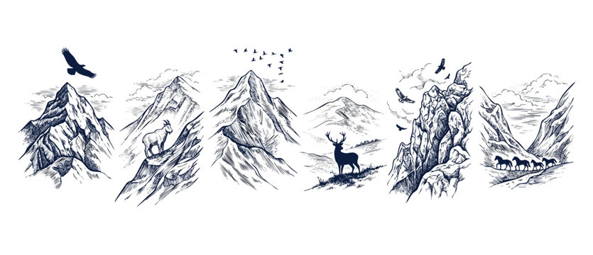 Mountain landscape engraving sketch illustration with wild animals including stag deer, mountain goat, eagle flying, and horses walking through alpine valleys in vintage woodcut line art style.