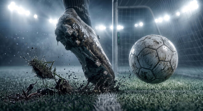 Dramatic Close-Up of a Soccer Boot Striking a Muddy Ball into the Goal