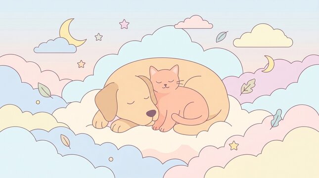 Puppy and Kitten Cuddle in Soft Cloudscape, Whimsical Illustration, Serene Environment, Adorable Perspective