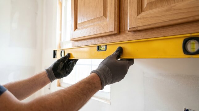 Construction worker using a yellow spirit level to check the alignment of newly installed wooden kitchen cabinets