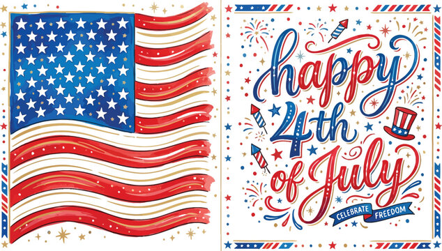 Watercolor american flag and fourth of july typography design elements