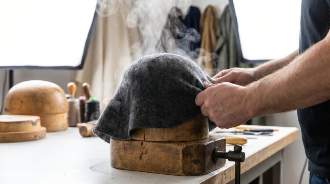 Hat maker steaming a grey felt hat body over a wooden shaping block in a millinery workshop