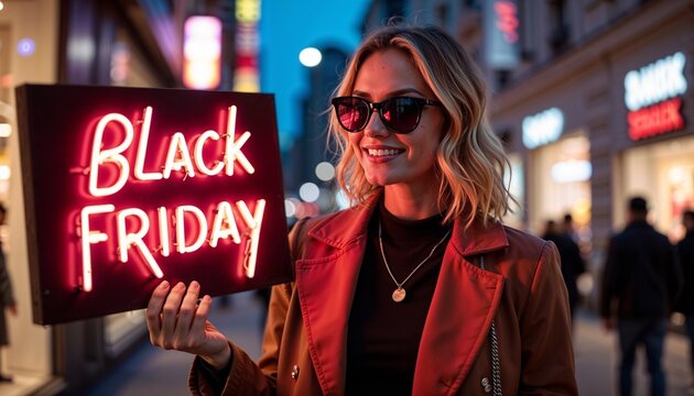 Woman holding illuminated Black Friday neon sign on city street. Shopping concept with customer waiting for seasonal discount sale. Urban lifestyle night portrait of blonde lady.