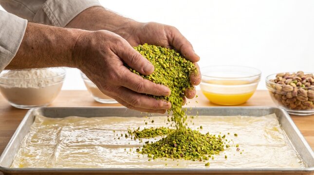 Baker pouring a generous amount of crushed green pistachios onto buttered phyllo dough layers for baklava