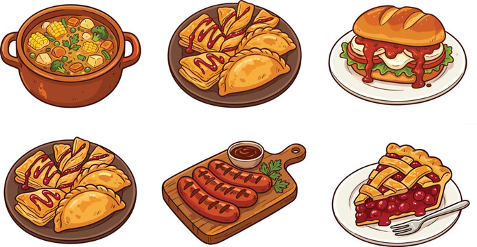 Traditional Argentine Cuisine Food Vector Icon Set Featuring Empanadas, Chorizo, Locro Stew, Asado, Choripan Sandwich, and Sweet Berry Pie Illustration