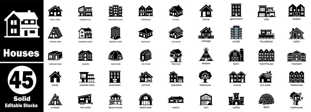 House icon set. Including bungalow, modern, tiny home, beach house, farmhouse, and more.