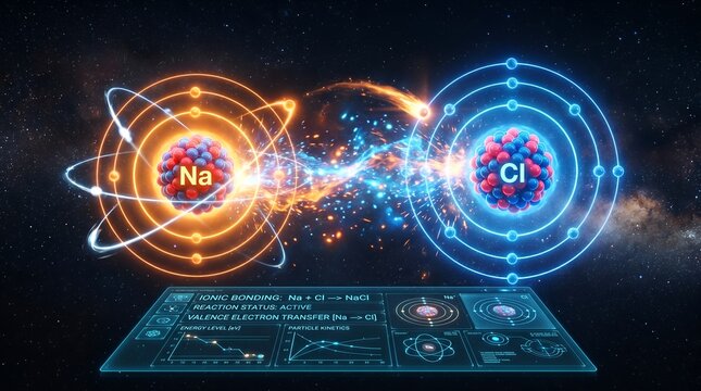 Atomic reaction scene showing sodium and chlorine