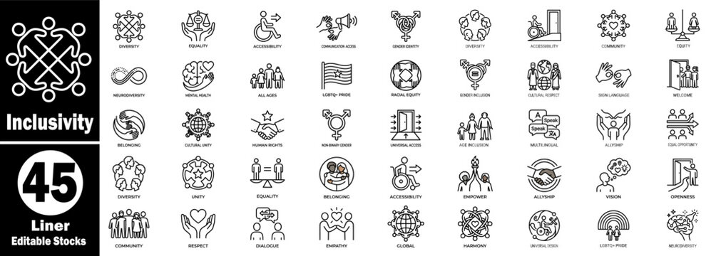 Inclusivity icon set, including diversity, equality, accessibility, gender, and support.