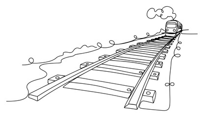 Continuous line drawing of a train traveling on railroad tracks in perspective view © Alicja