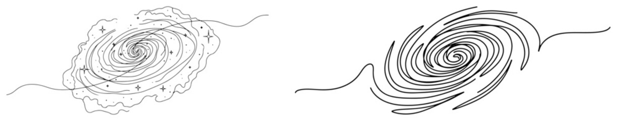 Single line drawing of spiral galaxies and cosmic nebula in minimalist universe style © Alicja