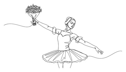 Single line drawing of a graceful ballerina holding a bouquet of flowers after performance © Alicja